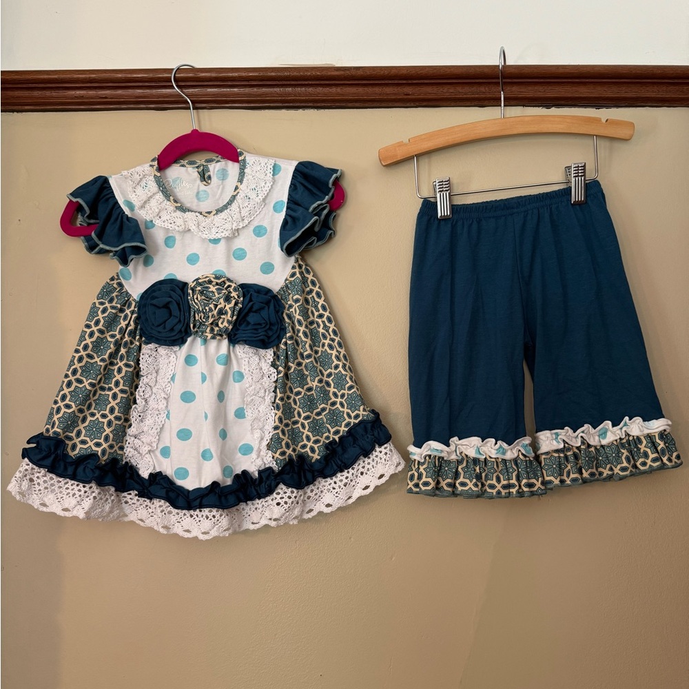 Ruffles by Tutu and Lulu - Blue Rose and Polka Dot Dress + Short Set |Size 3-4T|